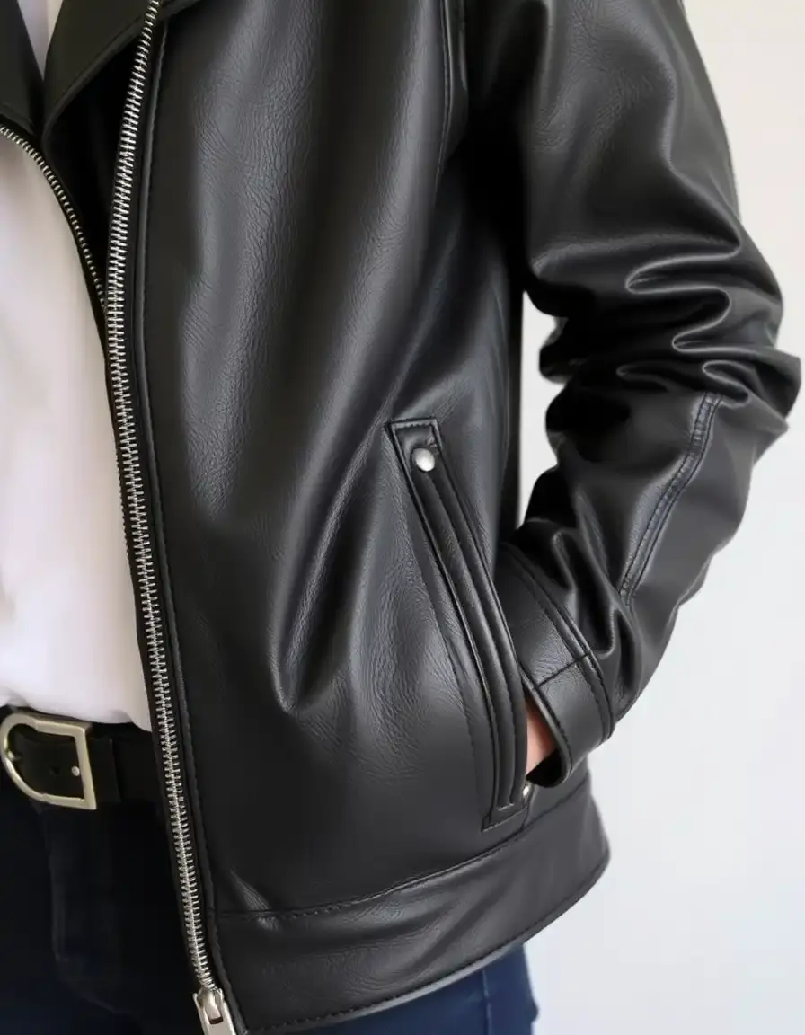 Classic black moto leather jacket with silver zippers
