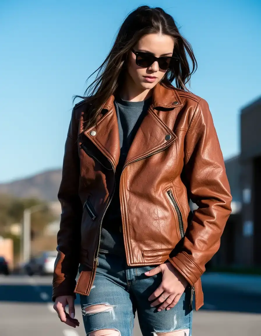 Brown distressed moto leather jacket