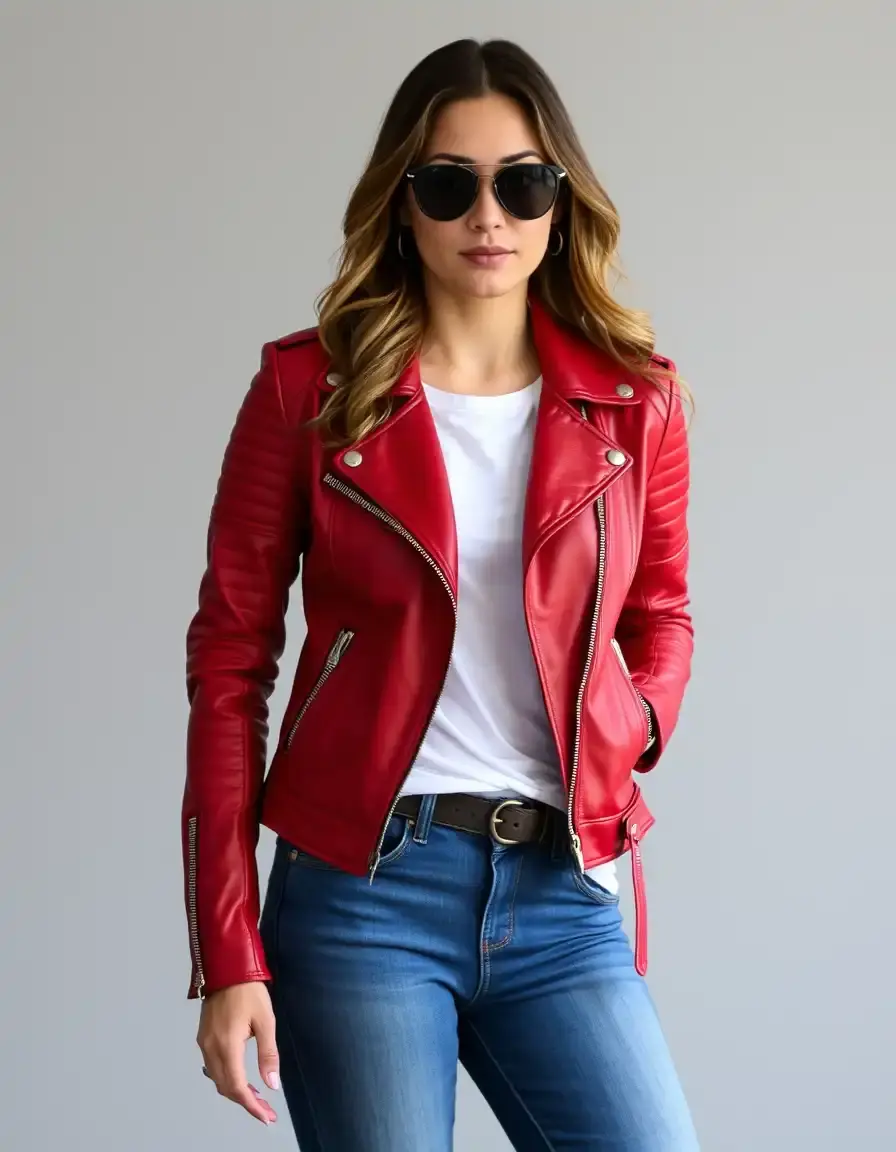 Red women's moto leather jacket