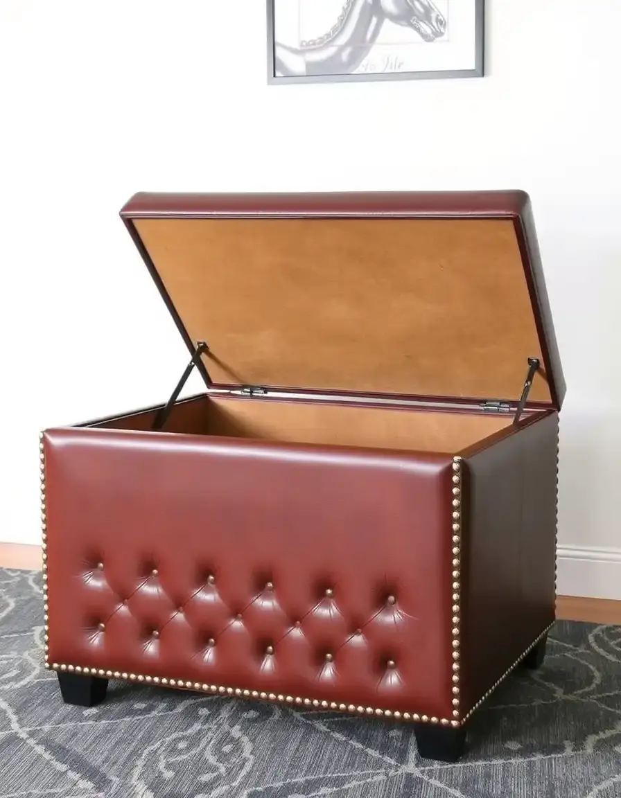 Brown storage leather ottoman with lid open showing storage space