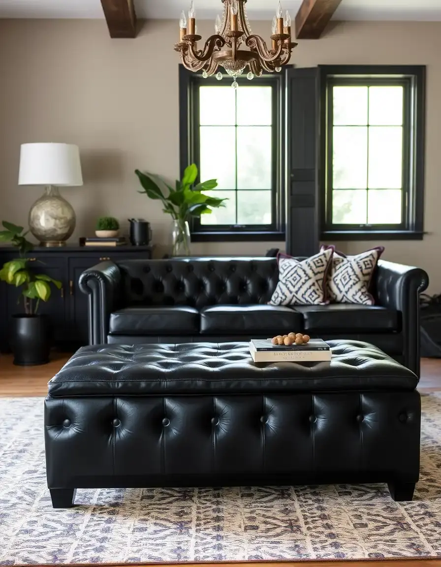 Sleek black bench style leather ottoman for bedroom or hallway