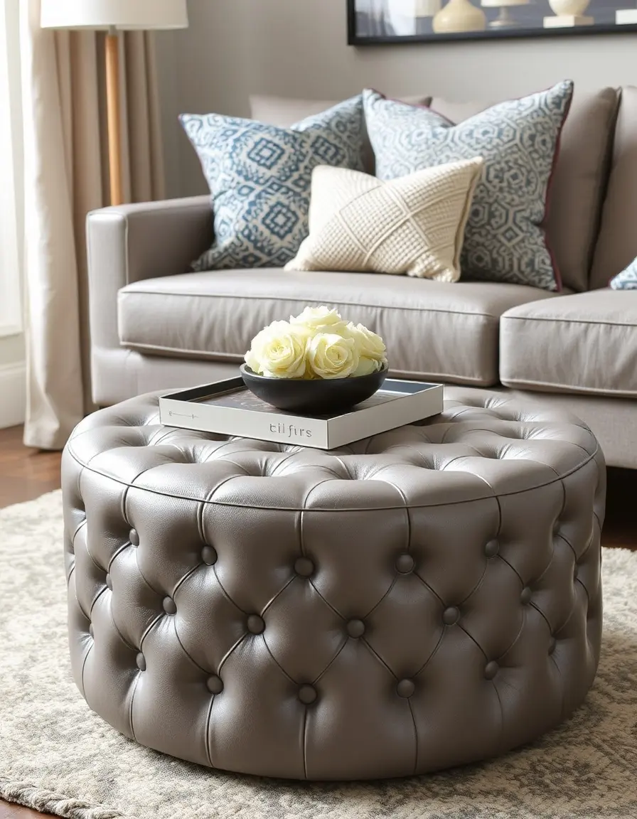 Gray round tufted leather ottoman as a living room centerpiece
