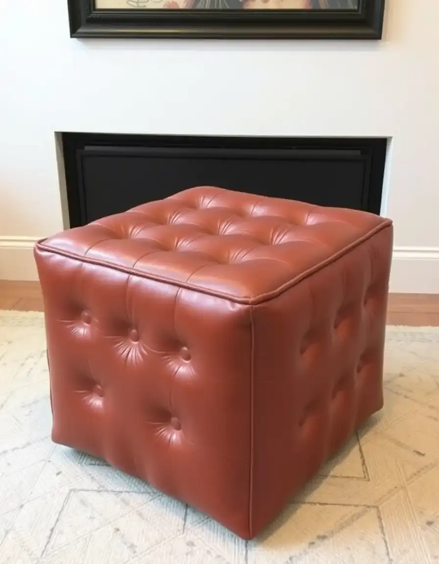 Cognac colored cube leather ottoman for compact spaces