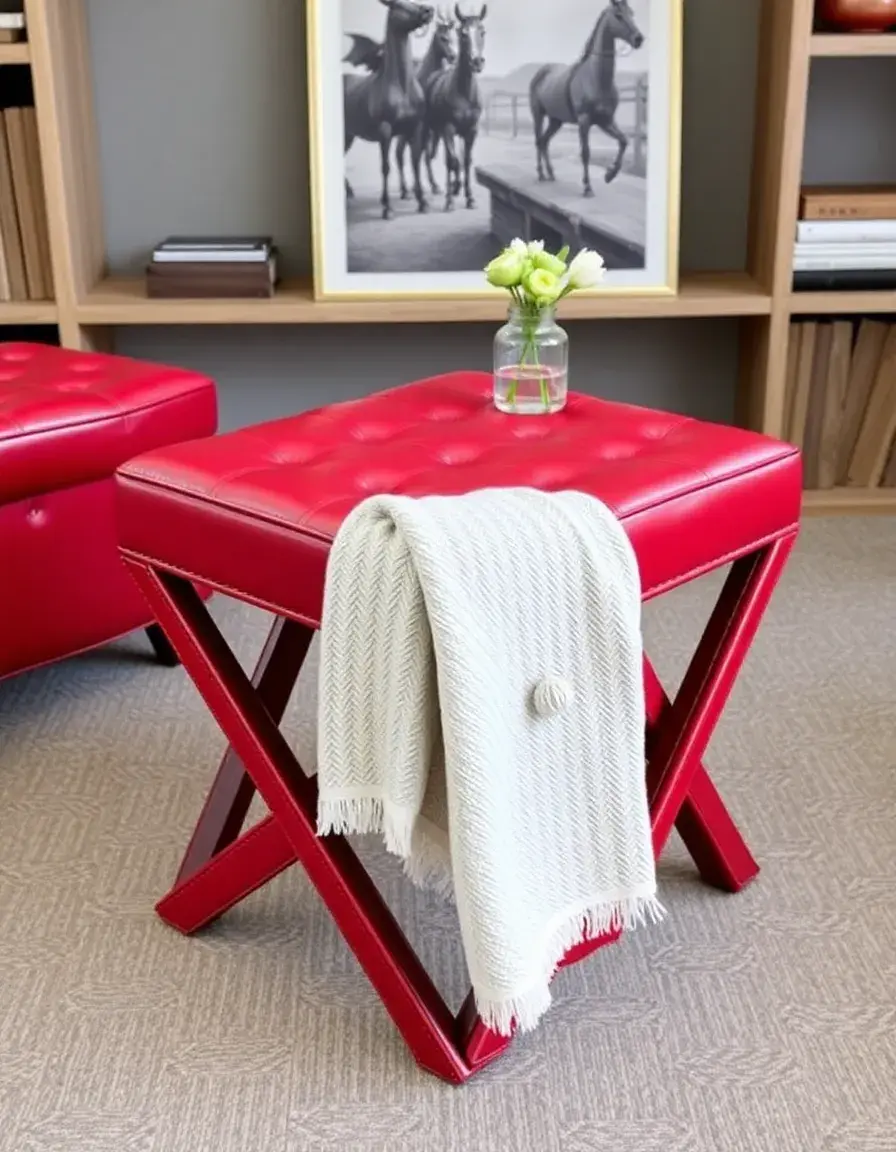 Red folding leather ottoman and navy tray top ottoman