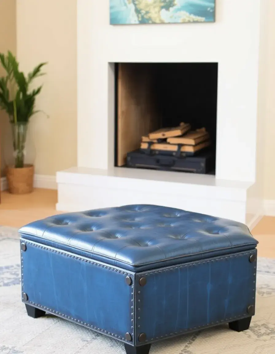 Green wheeled leather ottoman and blue distressed vintage ottoman