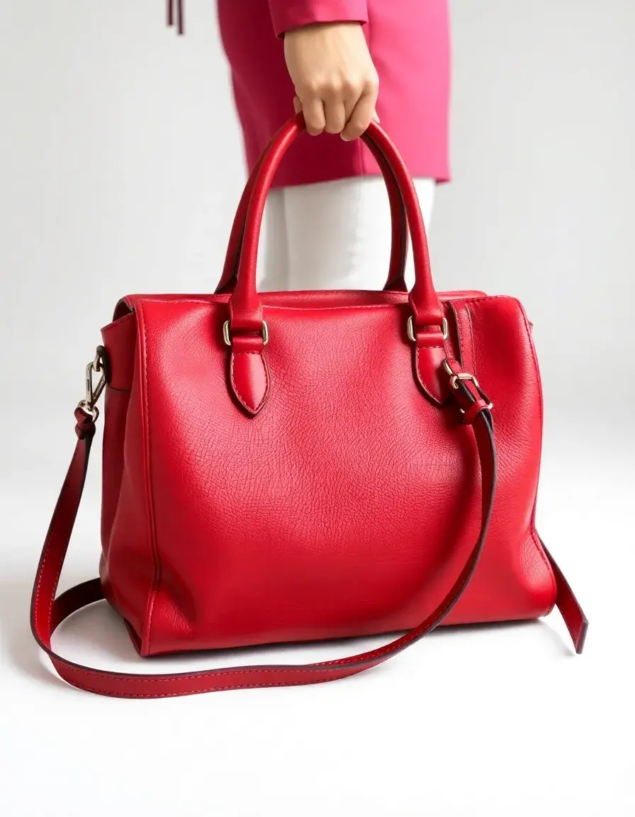 Red leather satchel bag with flap closure