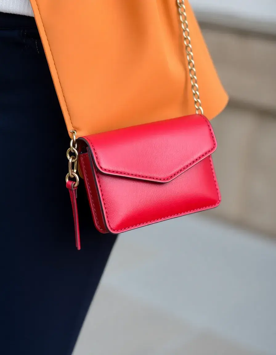Small red leather wallet on chain bag