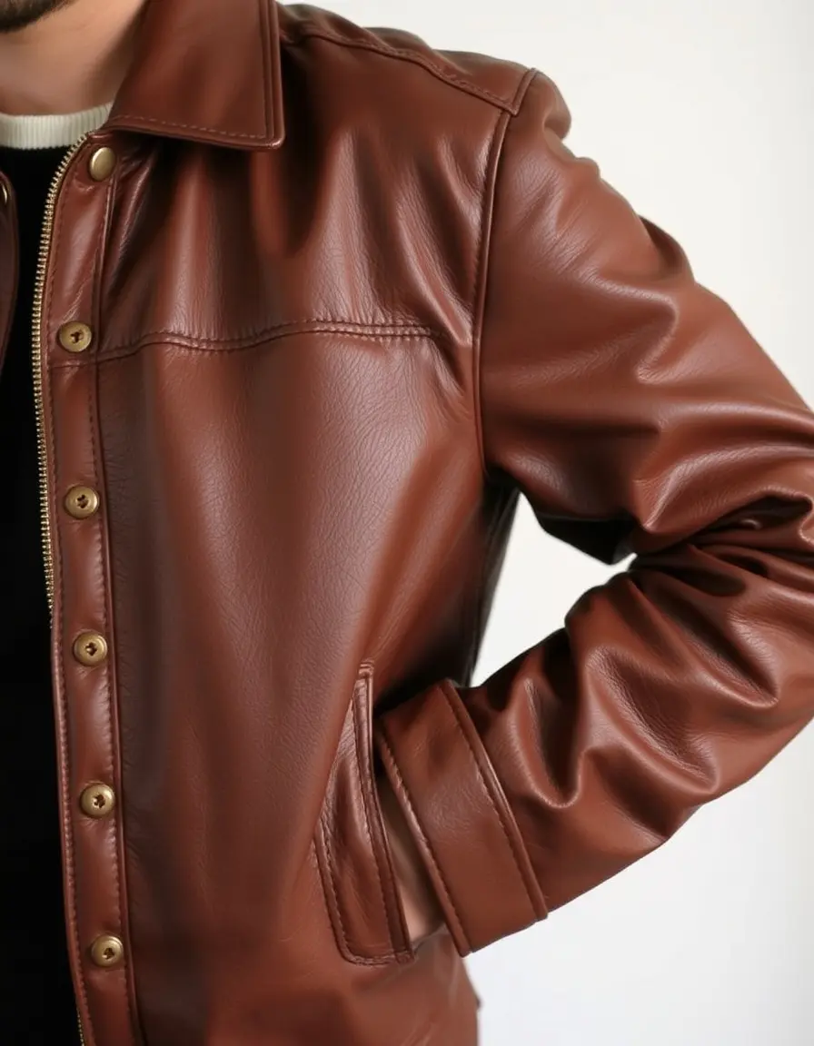 Brown vegetable tanned leather jacket showing natural grain texture