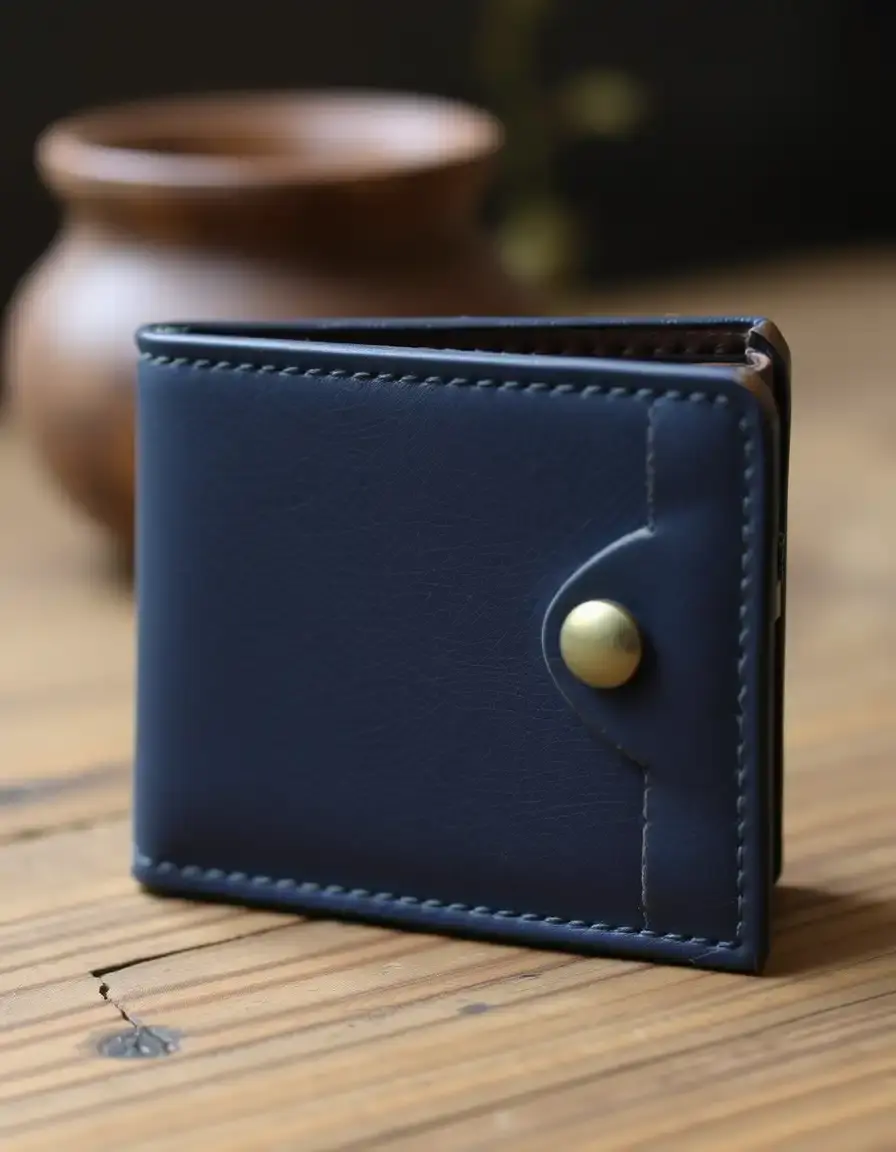 Navy vegetable tanned leather bifold wallet