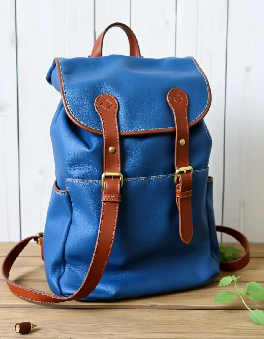 Blue vegetable tanned leather backpack for travel