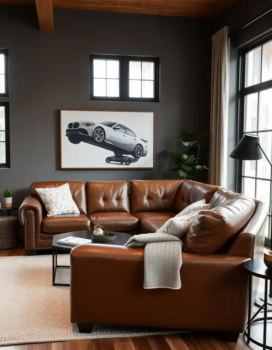 Brown bonded leather sofa, living room