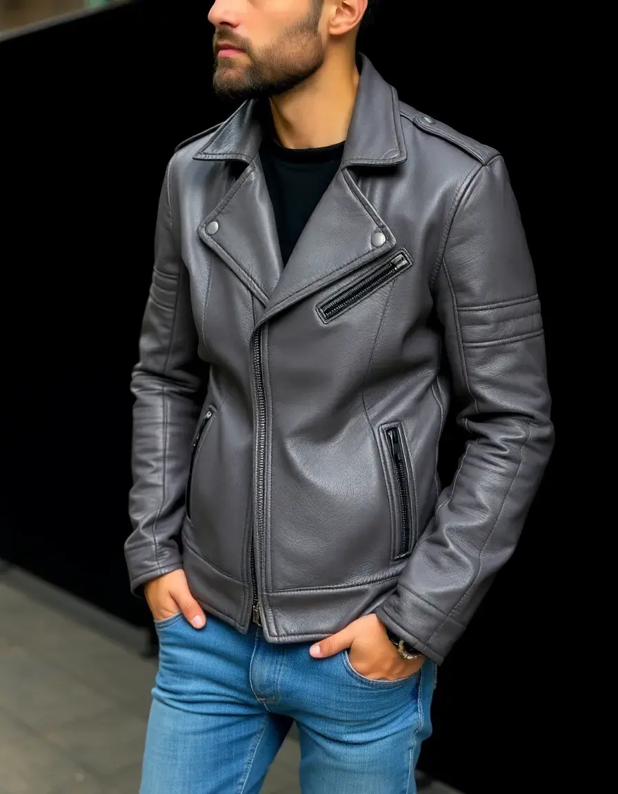 Gray bonded leather jacket, moto