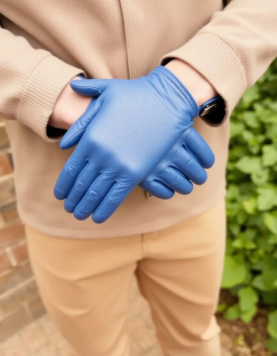 Blue bonded leather gloves