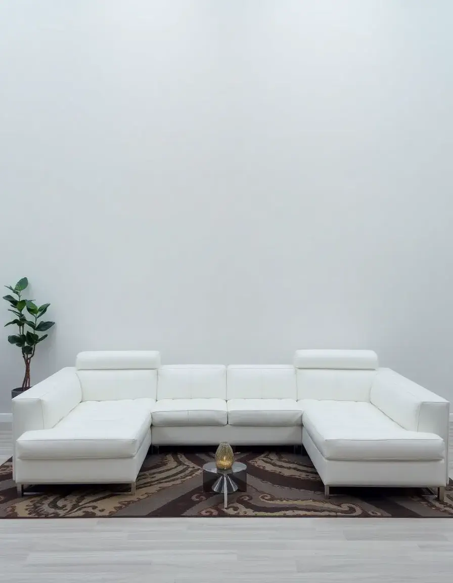 Modern White leather sectional couch in a bright living room