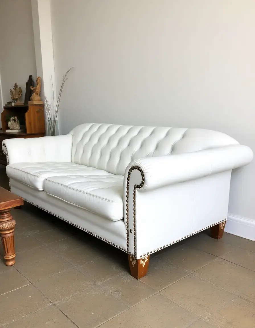 White vintage distressed leather couch