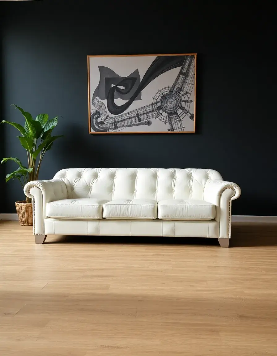 White three seater leather sofa in a bright modern living room