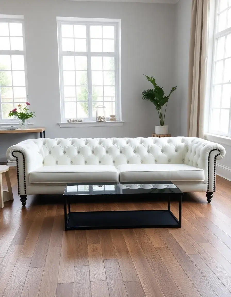 White tufted leather sofa showing elegant craftsmanship