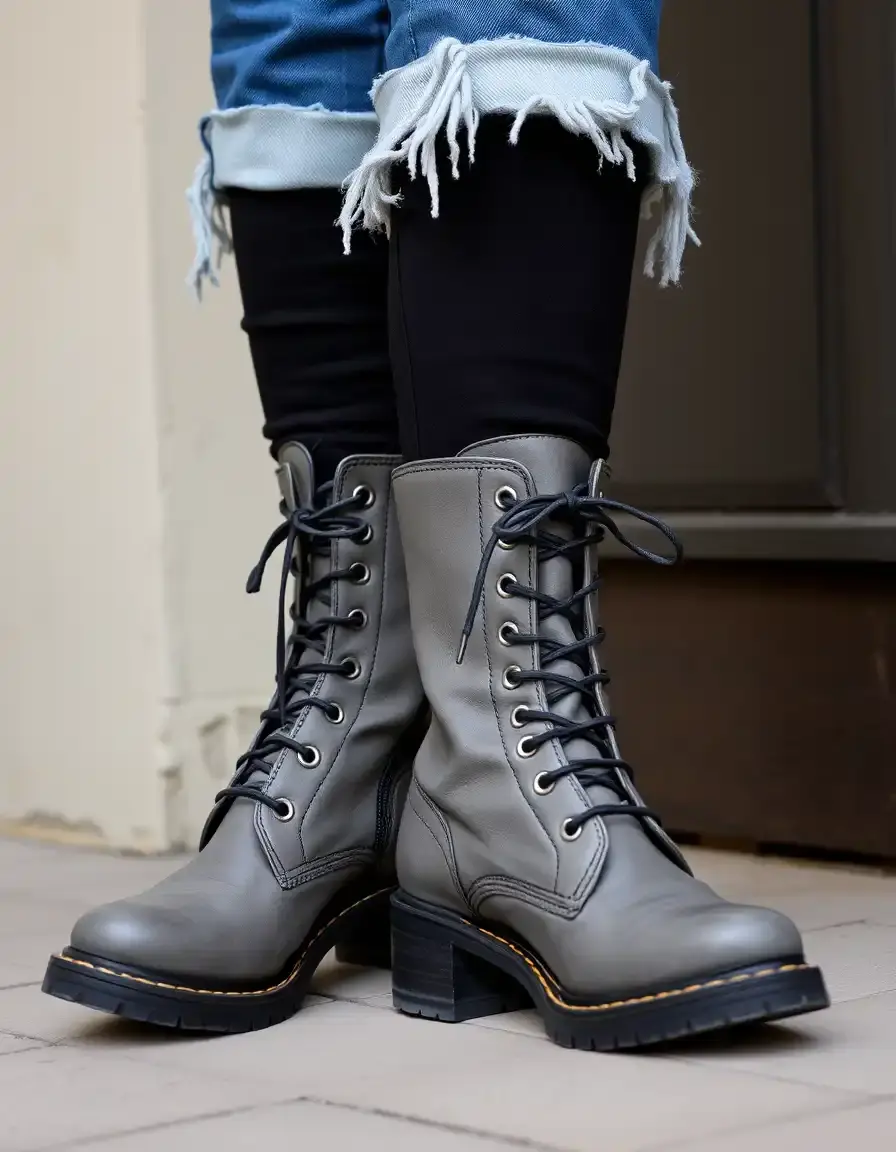 Gray combat style leather boots women