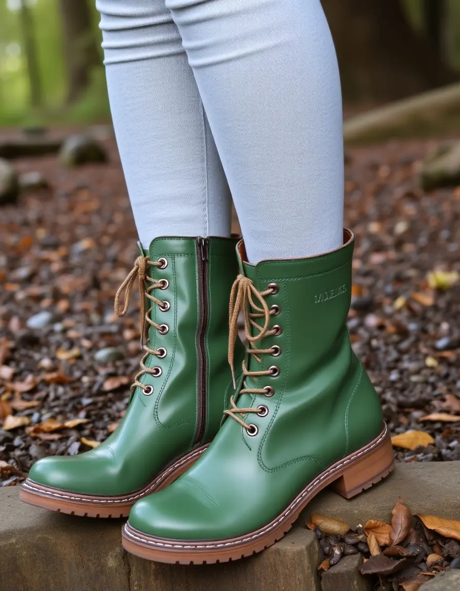 Green waterproof leather boots women
