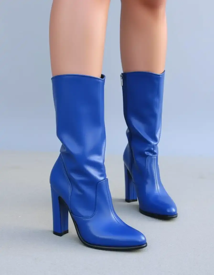 Blue heeled leather boots women