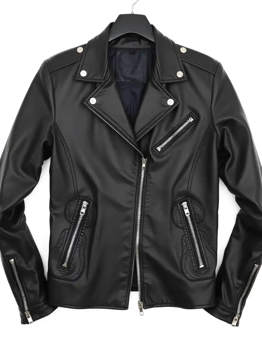 Black leather biker jacket with asymmetrical zipper and silver hardware