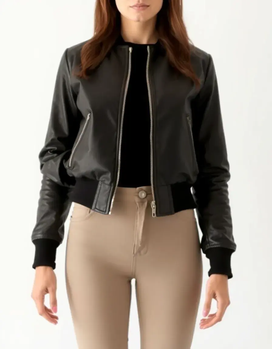 Classic black bomber leather jacket with ribbed cuffs