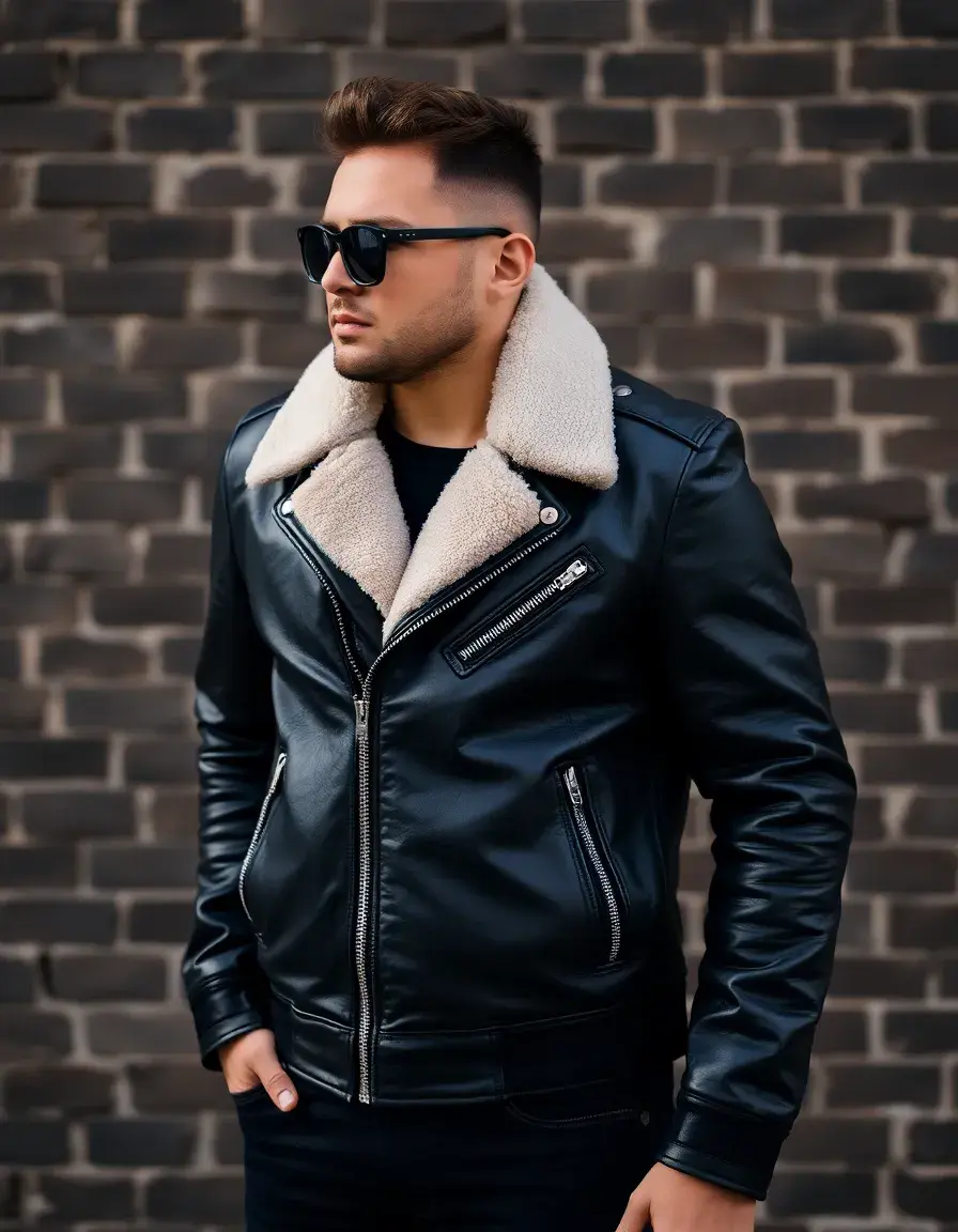 Black aviator leather jacket with shearling collar