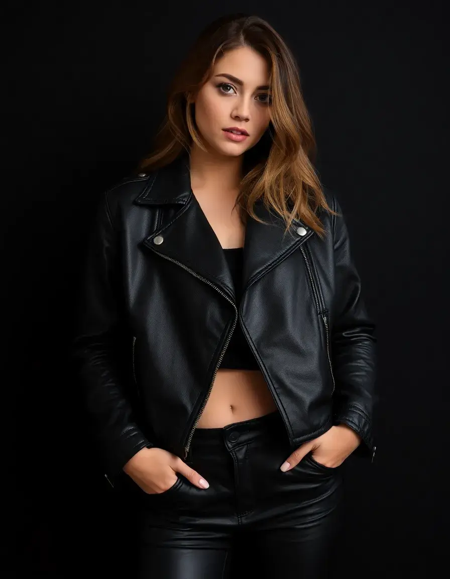 Trendy black crop leather jacket