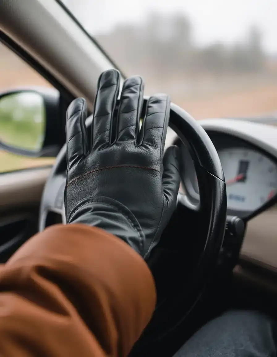 Gray driving leather gloves women