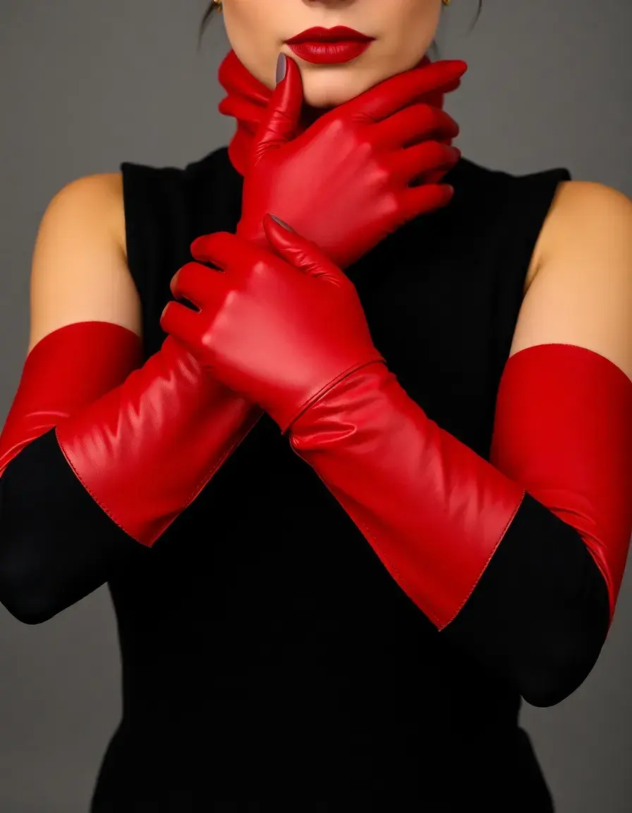 Red long opera leather gloves women