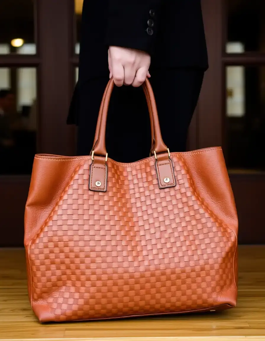 Brown woven leather tote handbag with large capacity