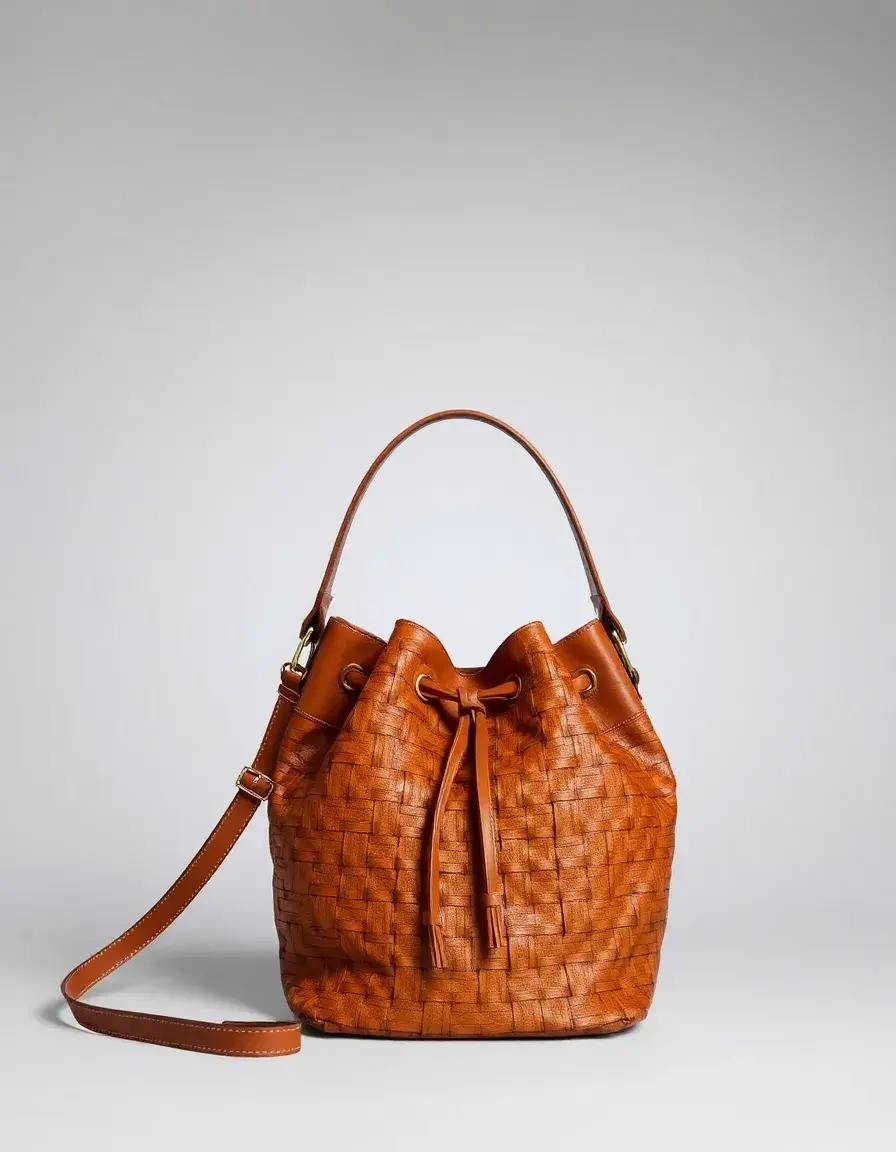 Cognac woven leather bucket bag with drawstring