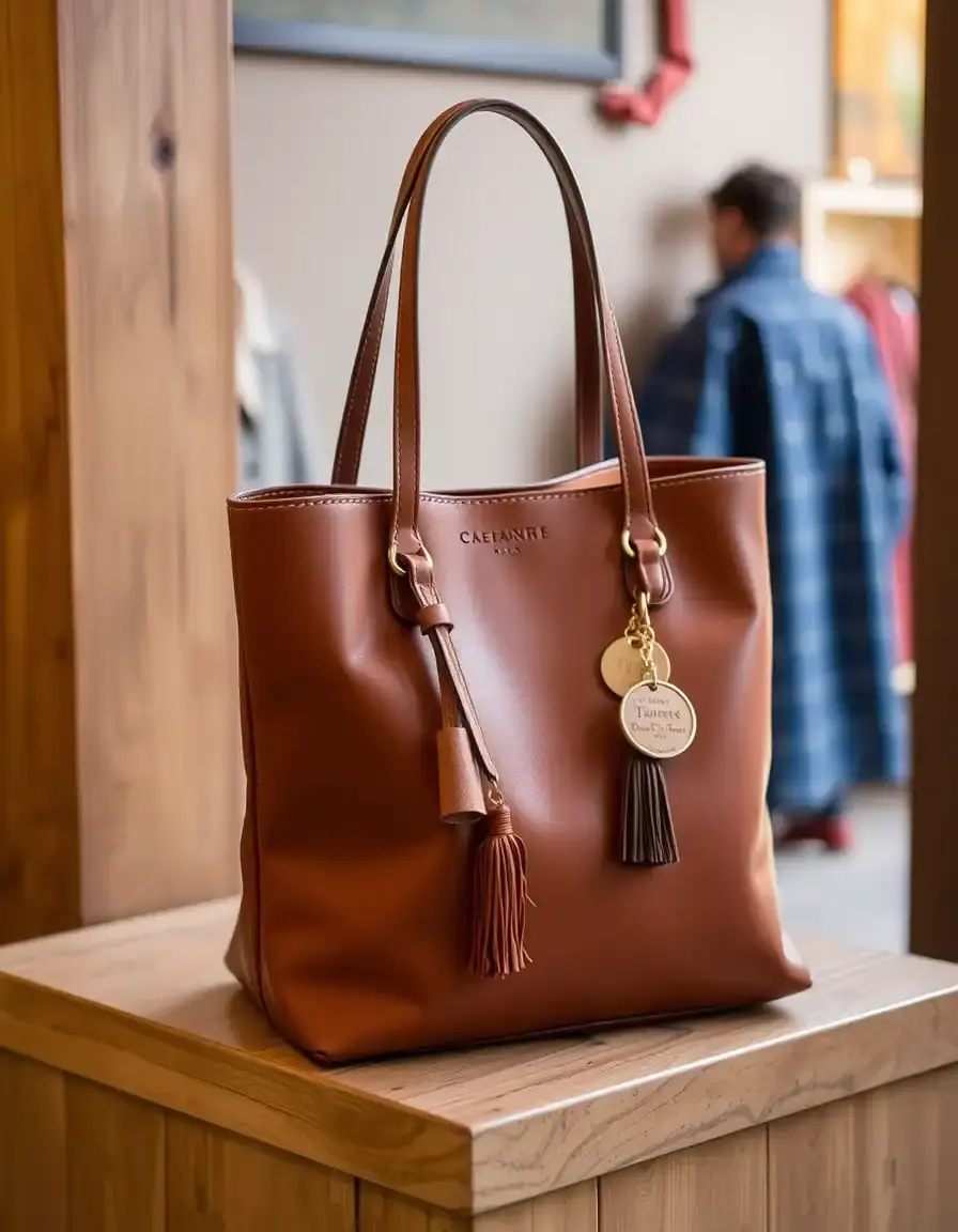 Brown charm decorated leather tote with elegant accents