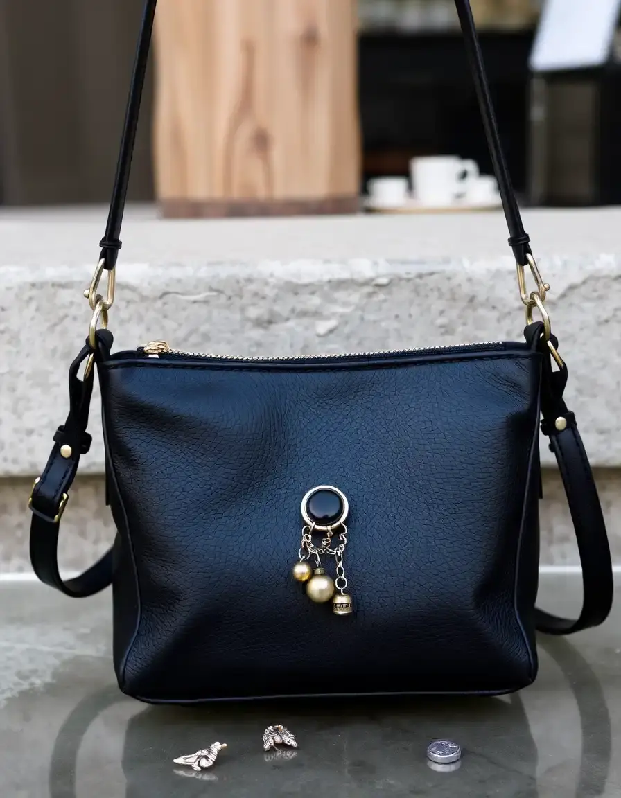 Black leather crossbody with charm pendants