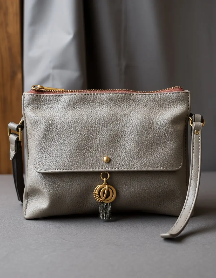 Gray leather clutch with metal charms