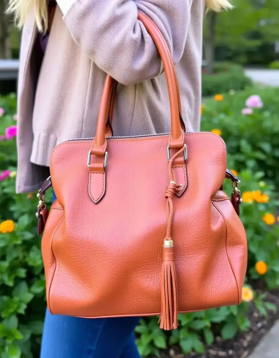 Cognac leather satchel with charm accents