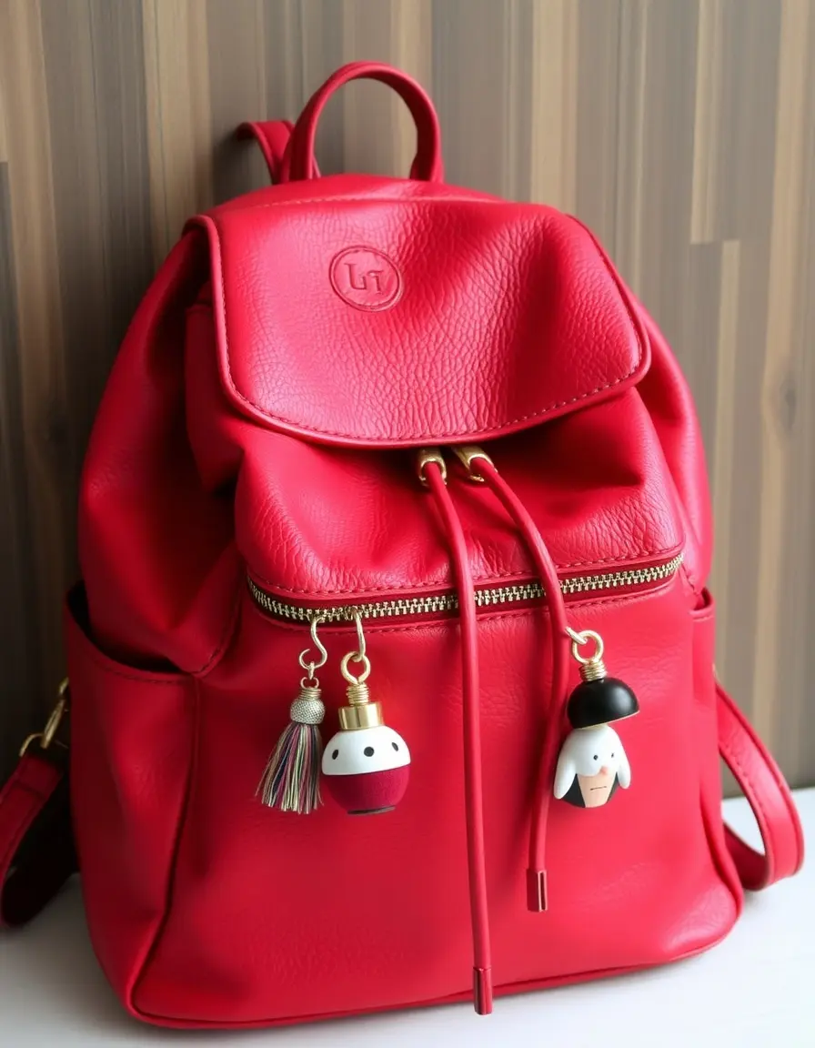 Red leather backpack with charms
