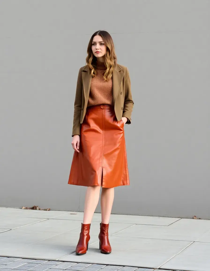 Cognac A-line leather skirt