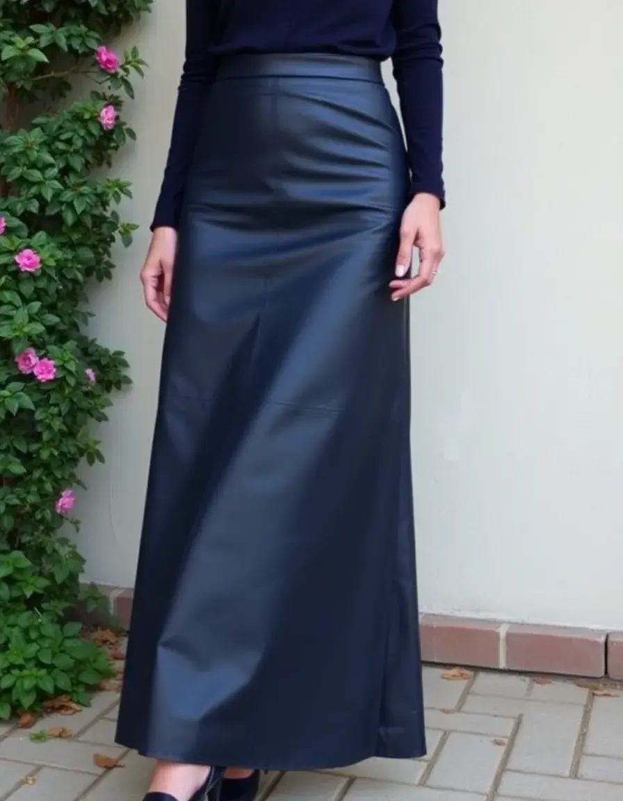 Navy maxi length leather skirt