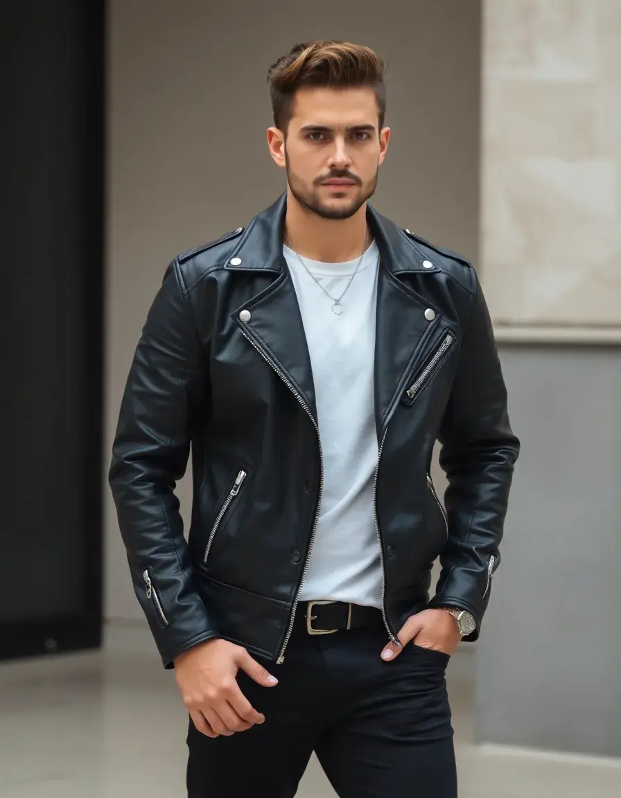 Classic black leather jacket for men showing rugged texture