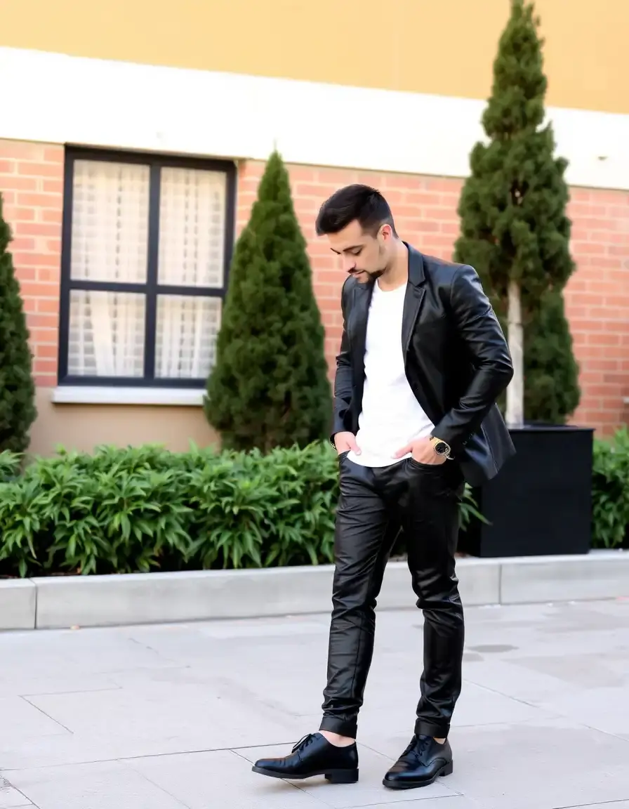 Slim-fit black leather pants for men