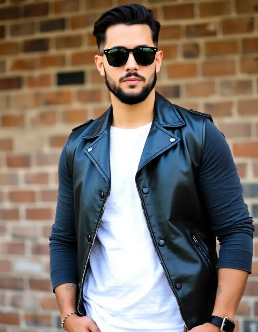 Men's black leather vest with silver hardware