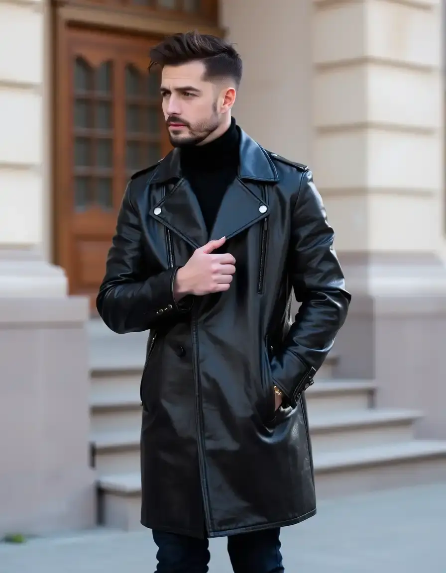 Long black leather winter coat for men
