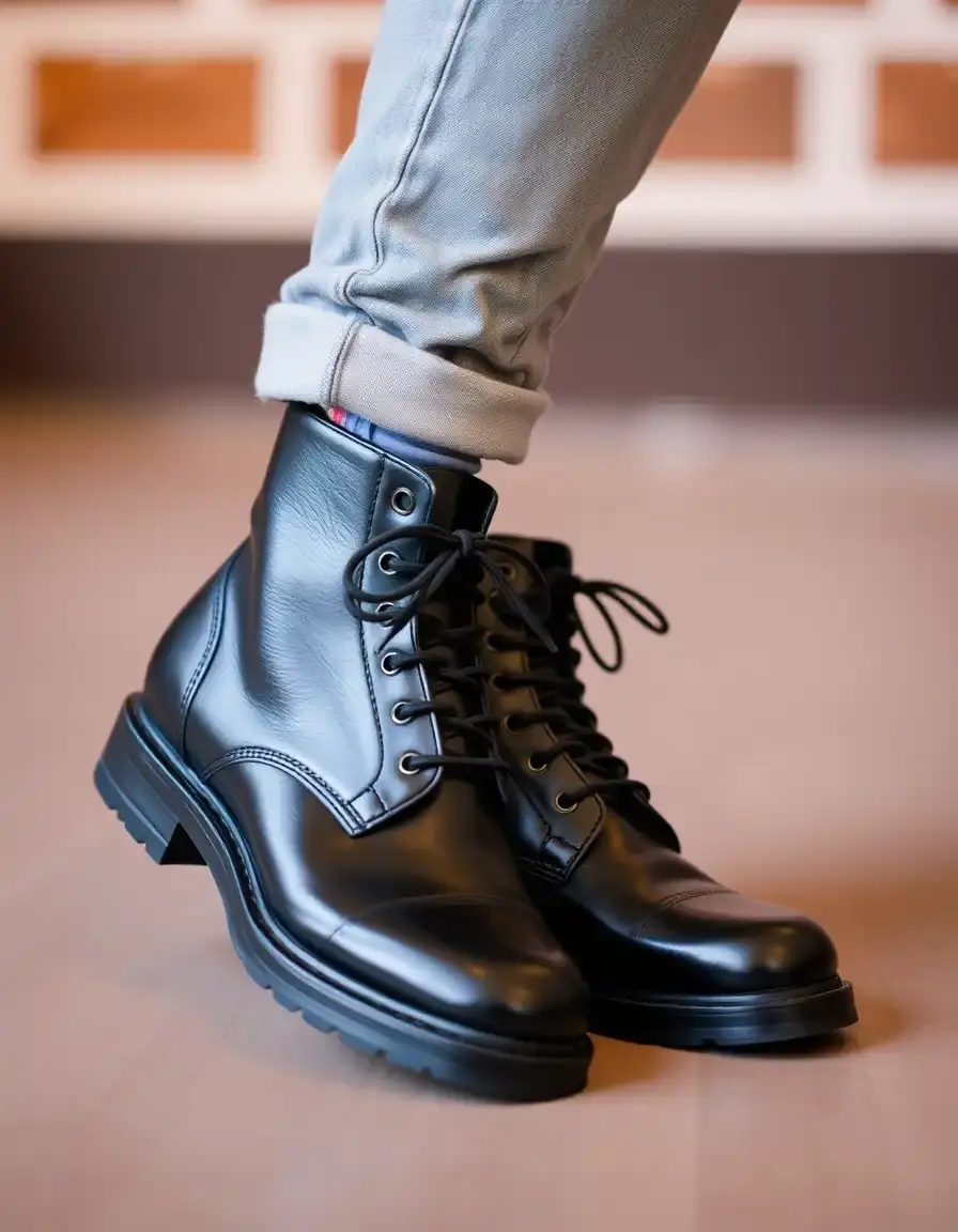 Polished black leather boots for men