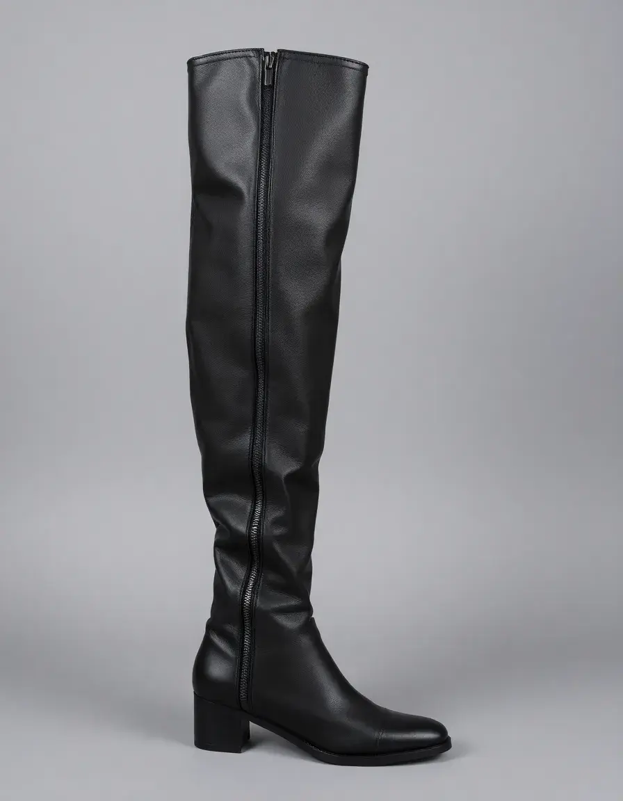 Black zipper side knee high leather boots