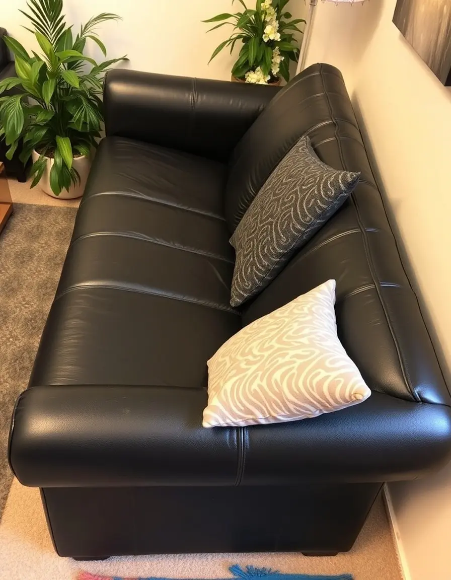 Black three seater leather sofa in a bright living room