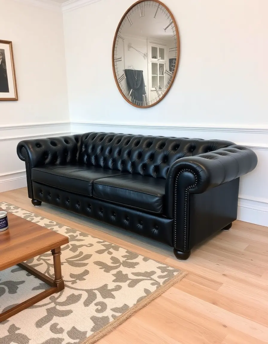 Classic black chesterfield leather sofa with tufted back