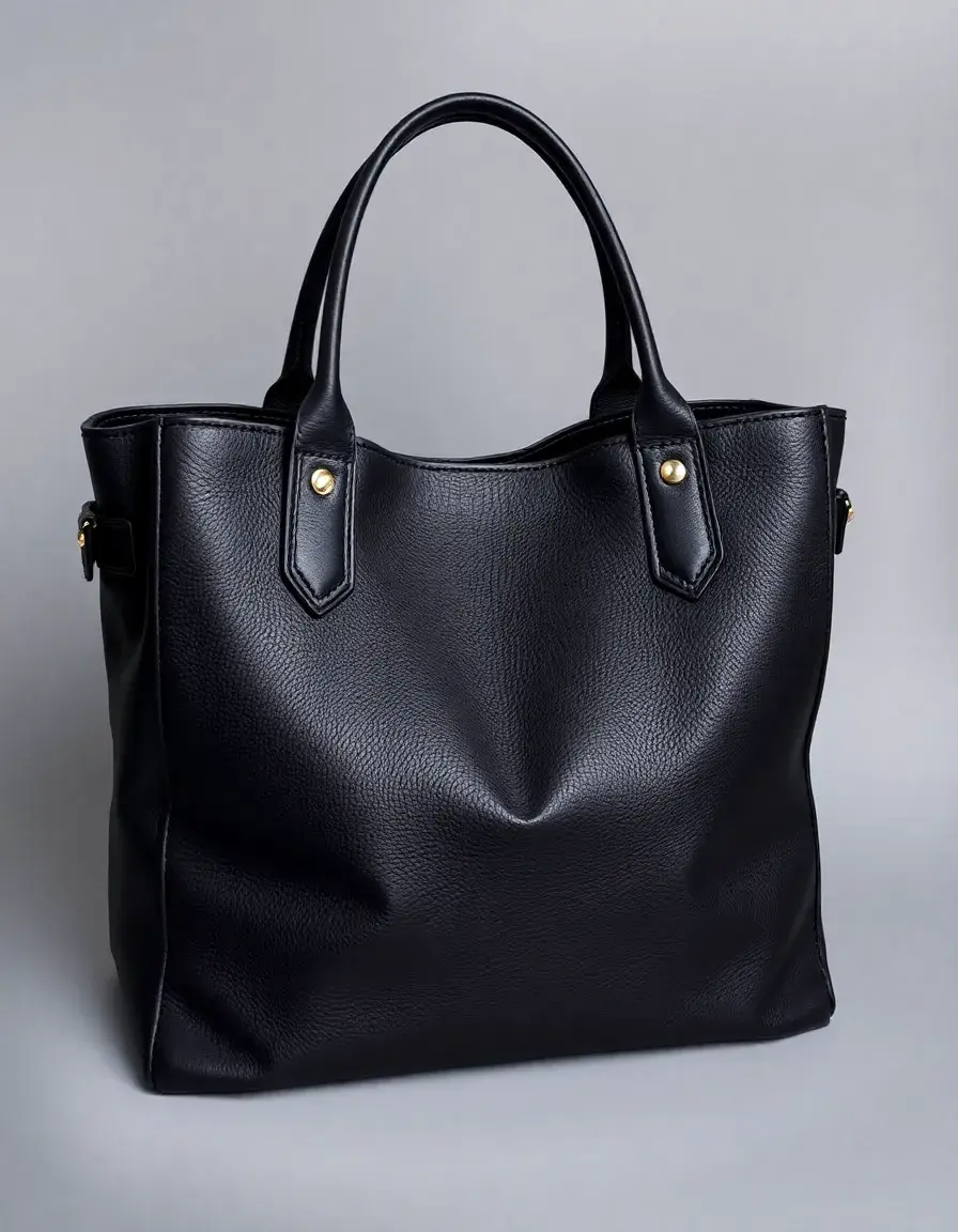 Large black leather tote bag, open top design