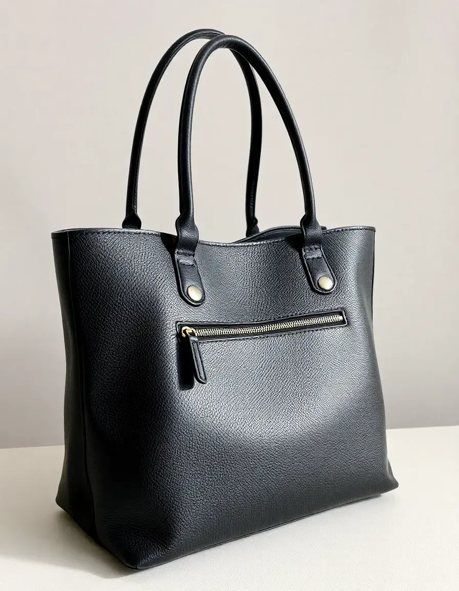 Structured black leather tote with zip closure