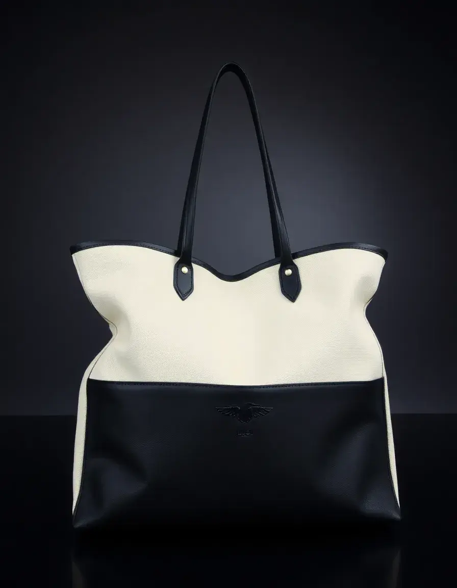 Canvas trimmed black leather tote bag